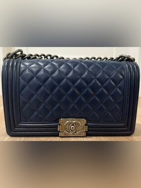 CHANEL Boy Flap Medium Quilted Navy Leather Shoulder Bag W/Ruthenium Hardware